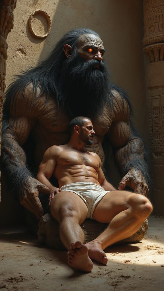 Hirsute Man Poses: Ancient Temple Art Style