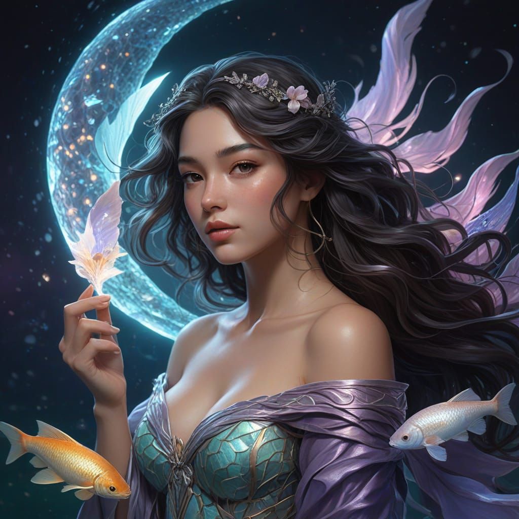 Ethereal Pisces Deity in Glowing Koi Form, Radiant with Irid...