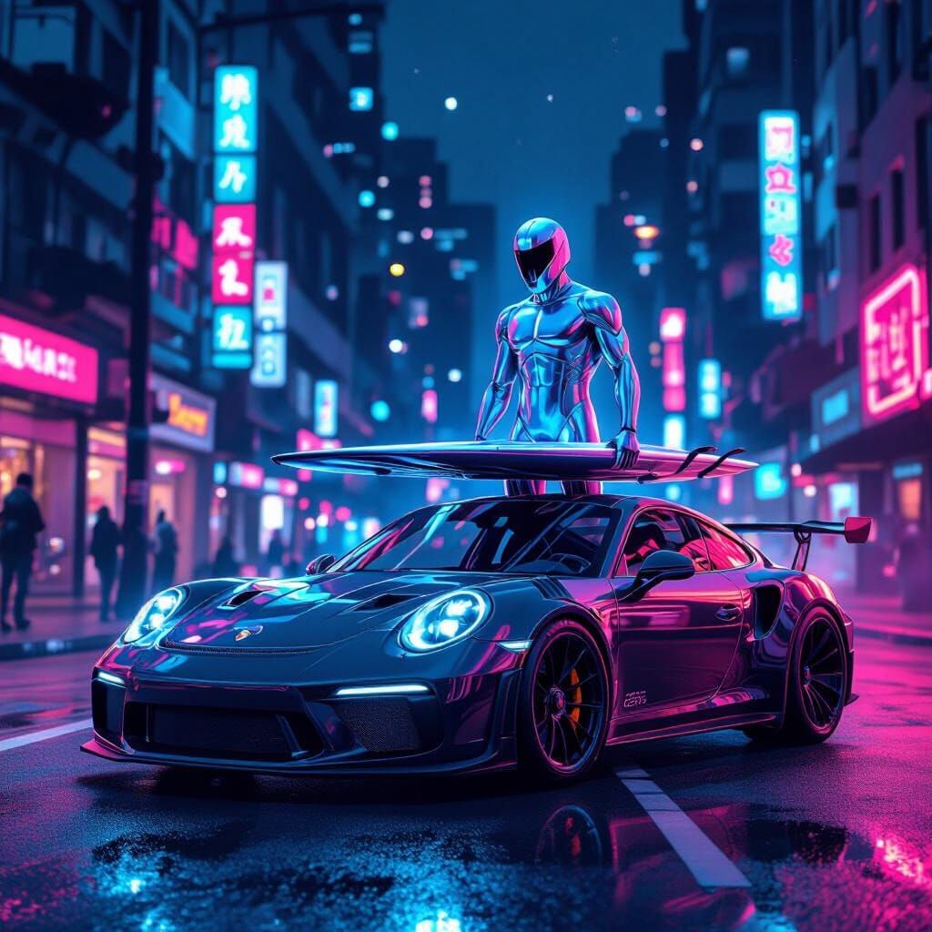 Black Porsche GT3 RS with Silver Surfer in Cyberpunk City