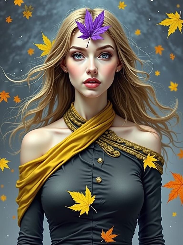 Dramatic Portrait of Woman in Stormy Leaves, Painterly Style