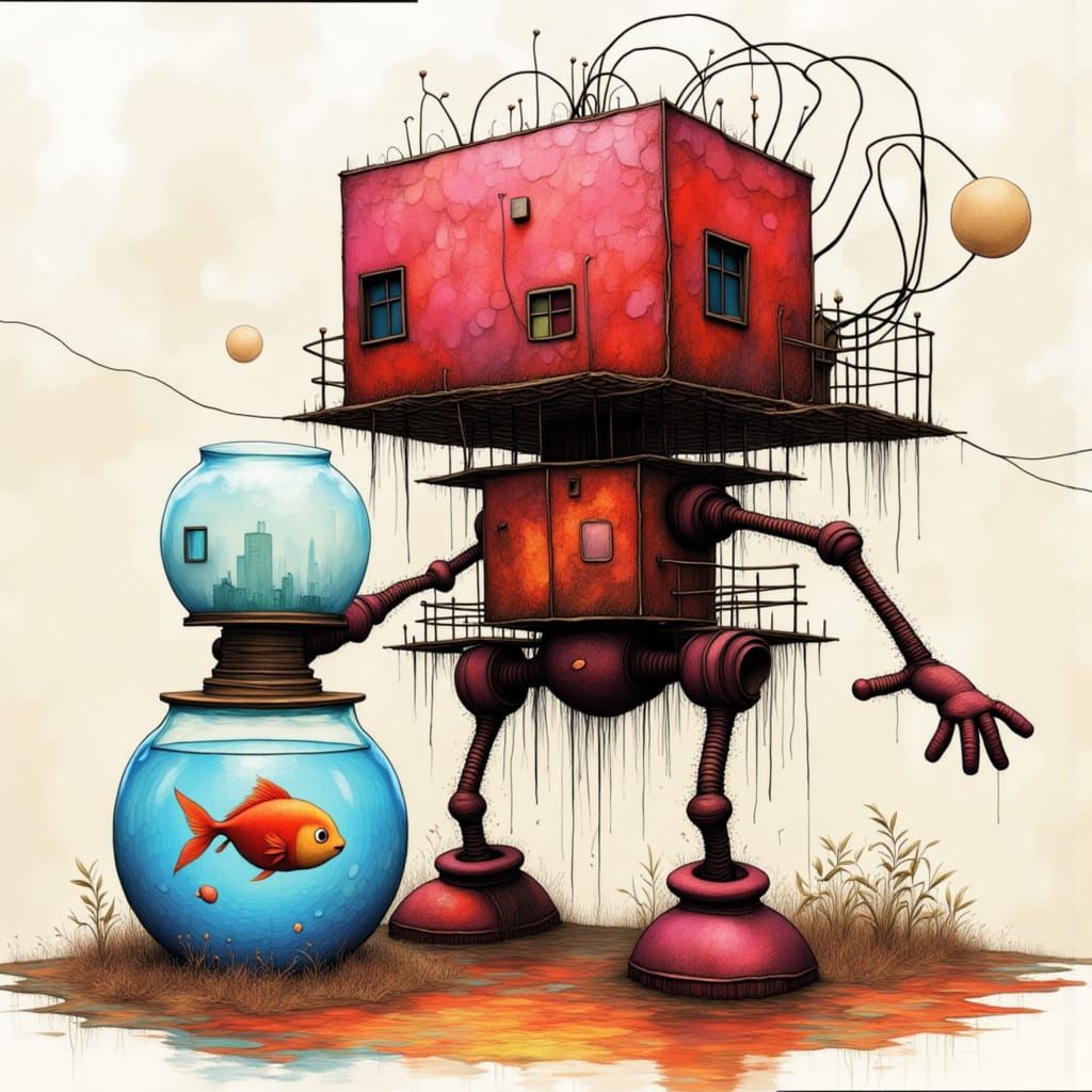 Cute Robot Holding a Fishbowl