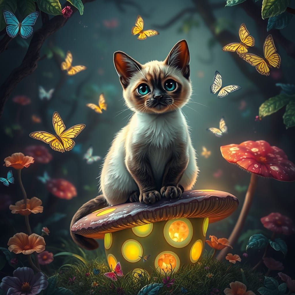 Enchanted Siamese Cat in a Whimsical Mushroom Realm