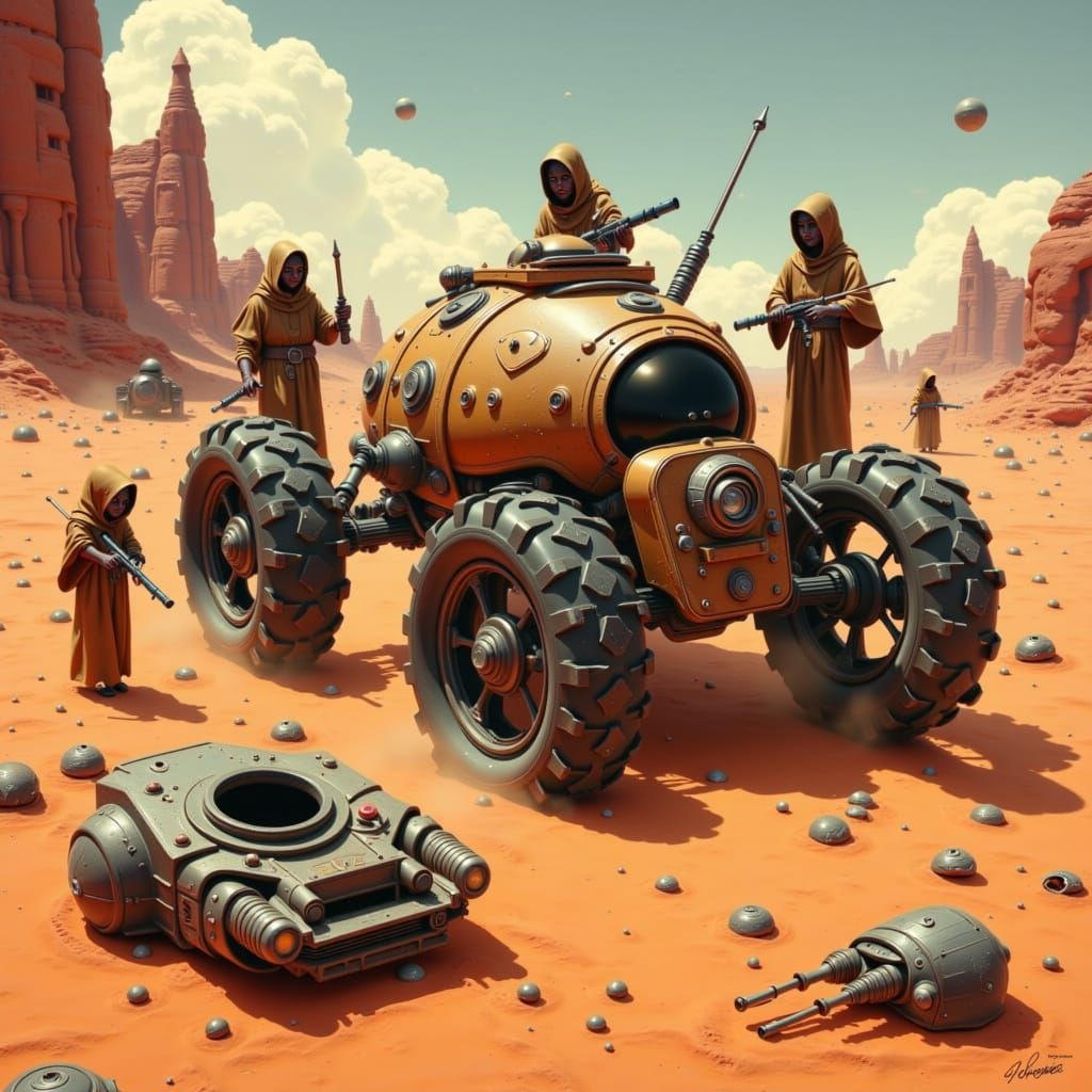 Jawa Sandcrawler on Tatooine in Retro-Futuristic Style