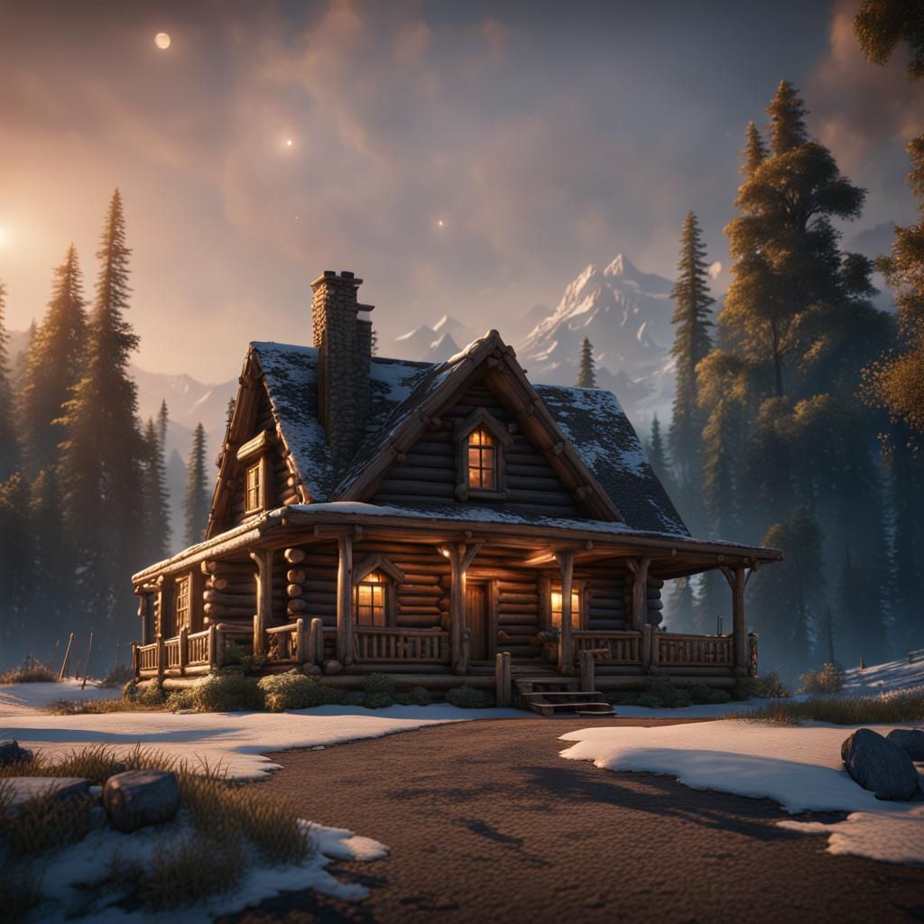 Weightless Log Cabin in Detailed Matte Painting Style