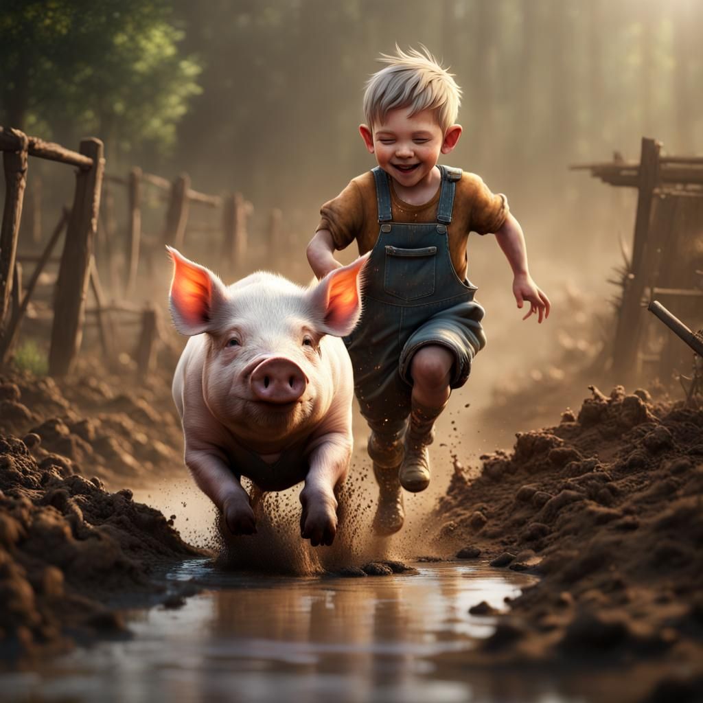 Boy and Piglet's Muddy Farm Adventure