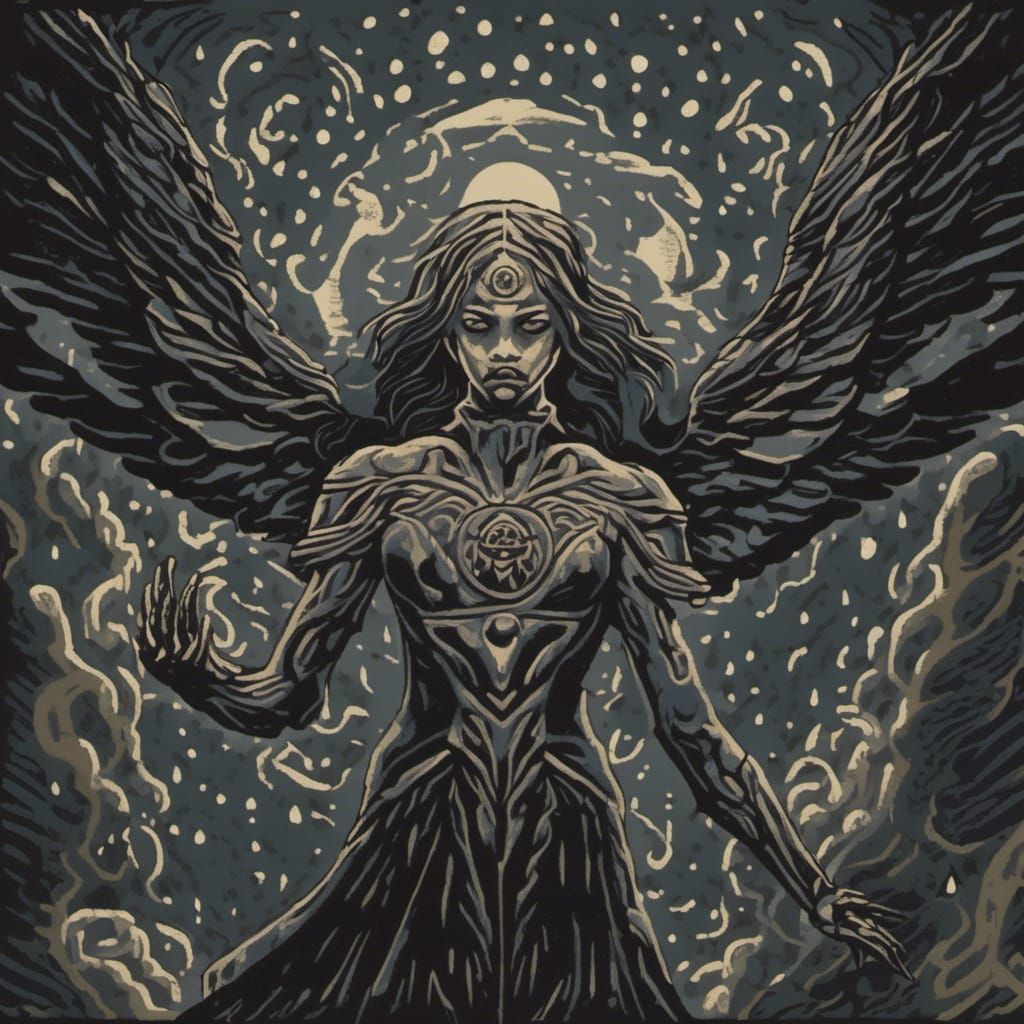 Linocut: Demons and Angelic Light in Darkness