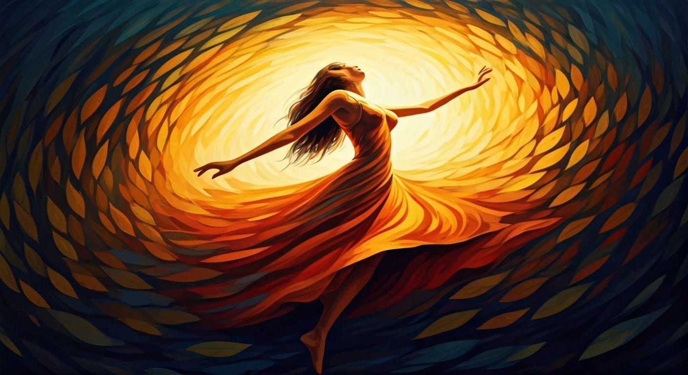 Expressive Woman Dancing in Abstract Autumn Landscape