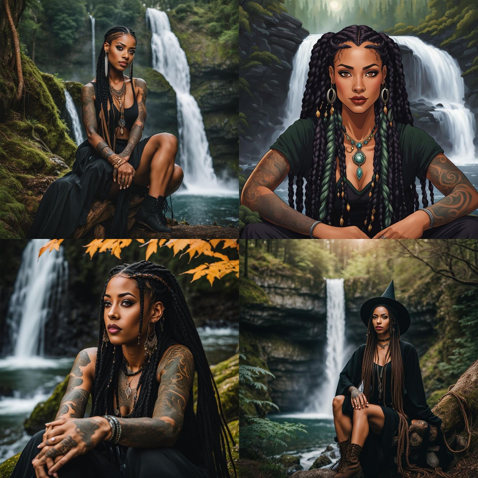 Biracial Witch by Waterfall in Forest, Digital Art