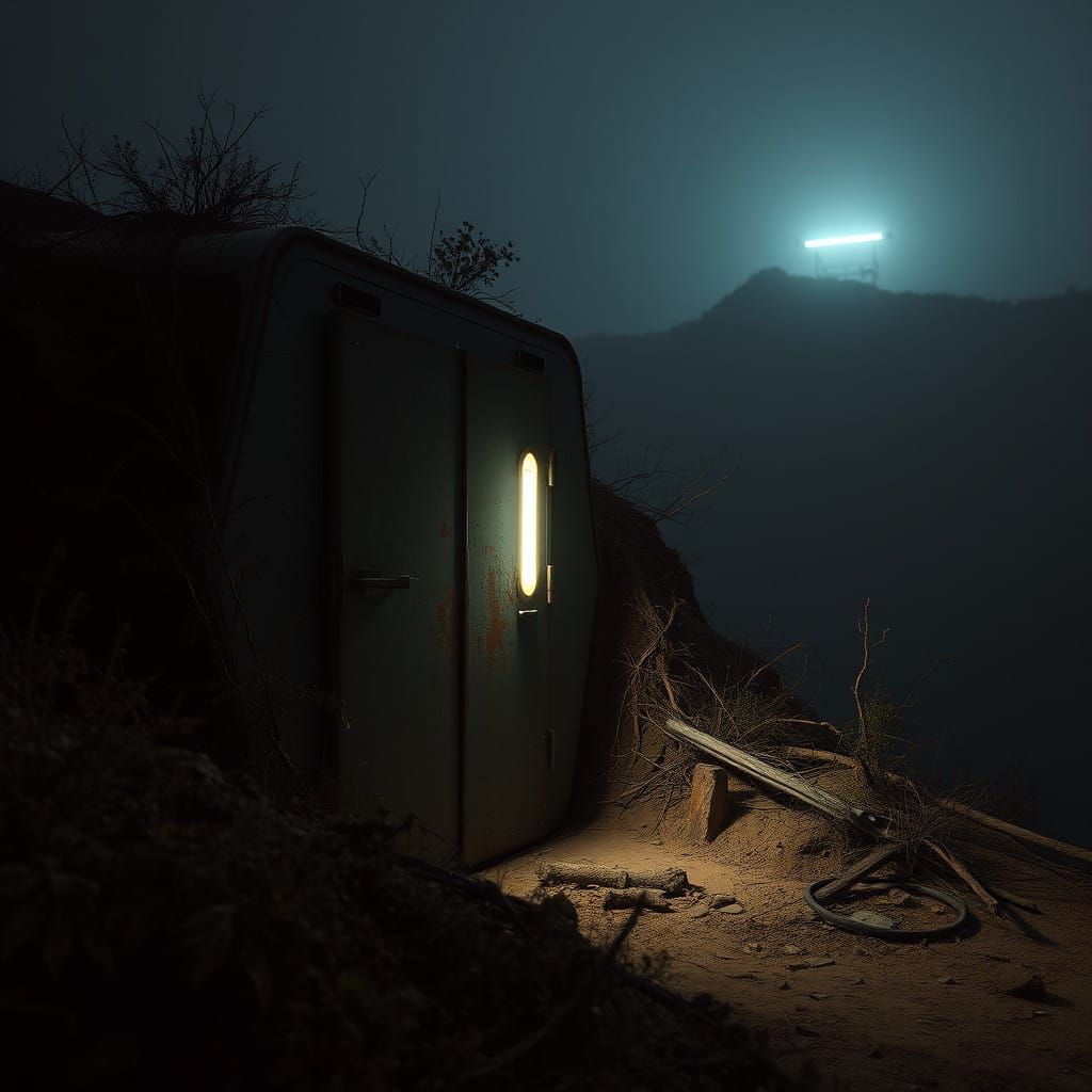 Abandoned Dystopian Safe House in a Barren, Flickeringly Lit...