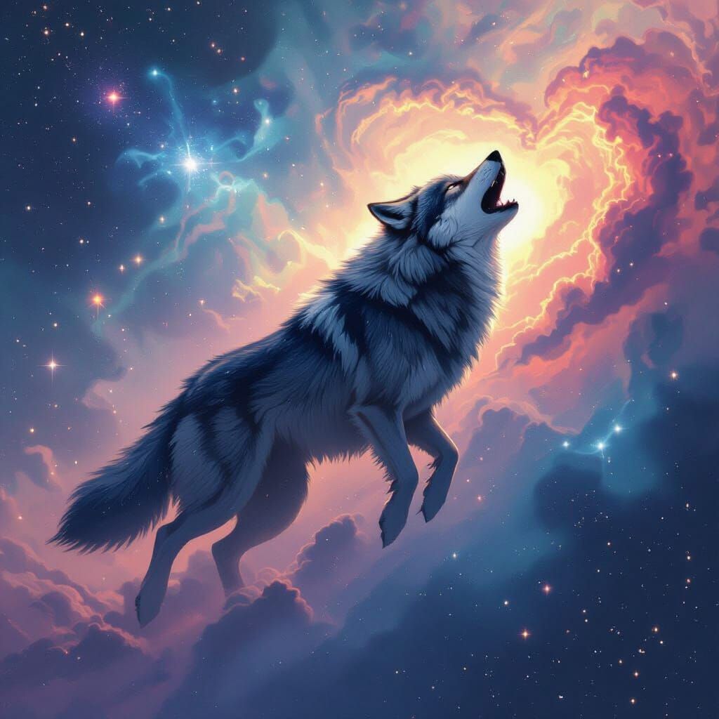 Wolf Howling at Nebula in Dreamy Digital Art