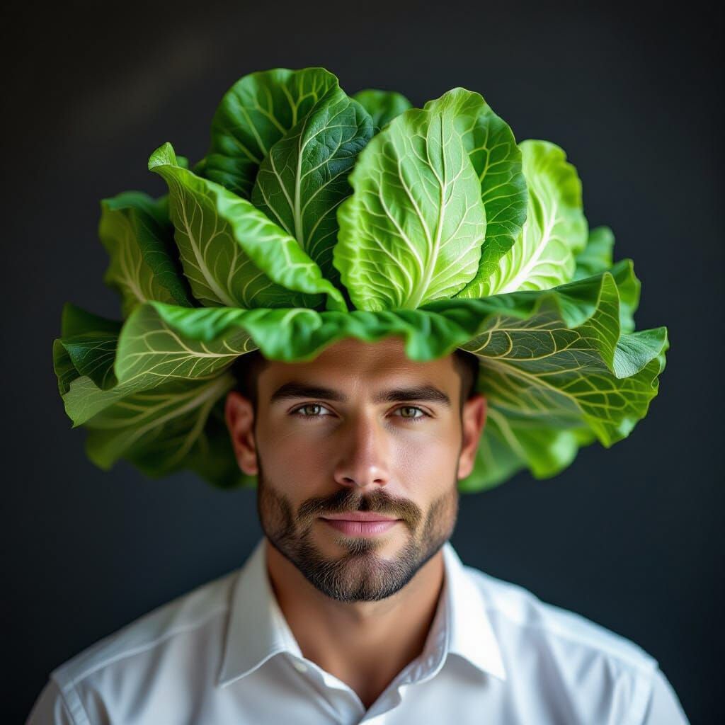 Man with Lettuce and Cabbage Hat in Alcohol Ink Style