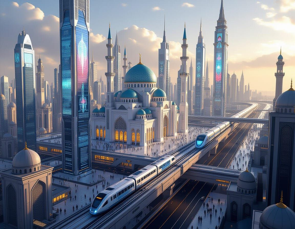Futuristic Metropolis with Colossal Mosque in Photorealistic...