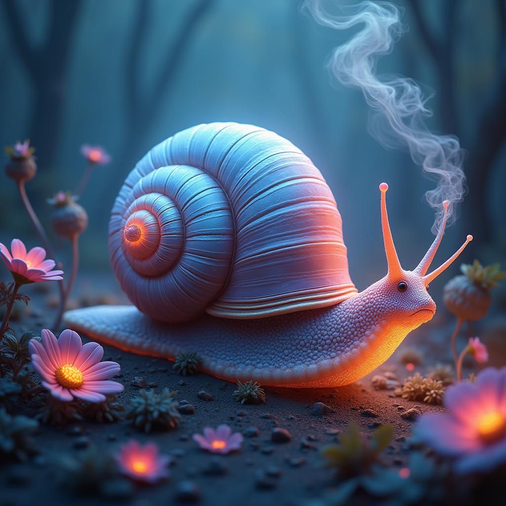 Iridescent Snail Emerges from Dreamlike Realm