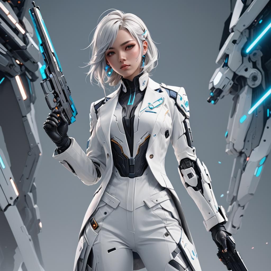 Girl in White Suit Holding Gun: 3D Anime Art