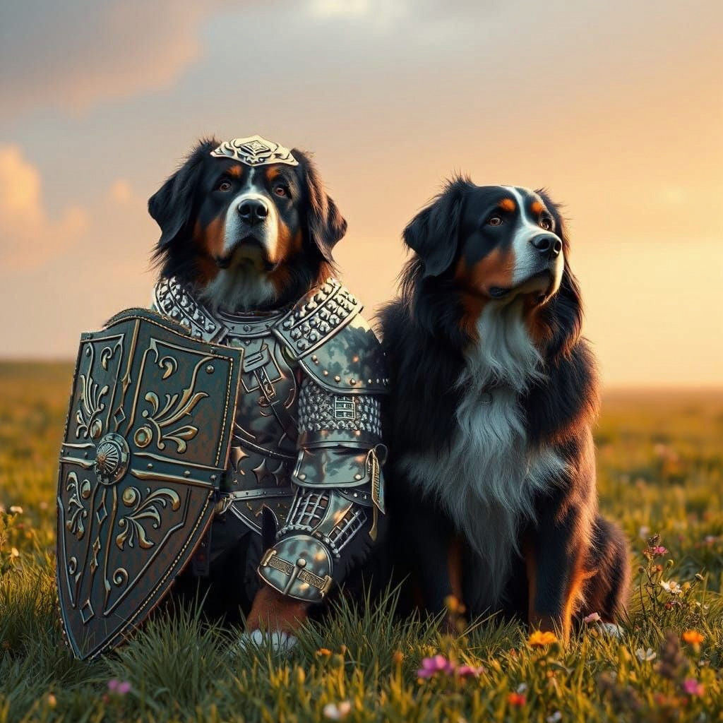 Bernese Mountain Dog in Gold Paladin Armor, Standing Guard