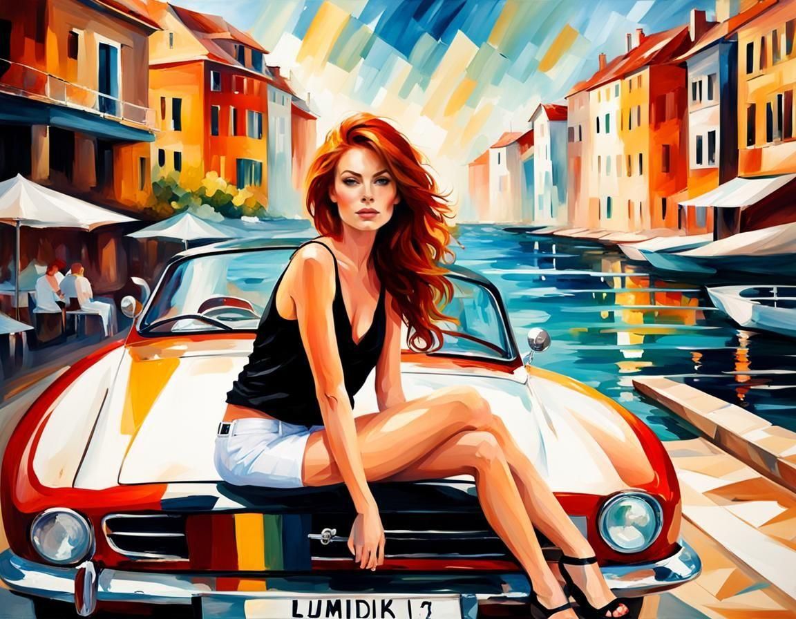 Woman in Sports Car, Afremov-Style Oil Painting