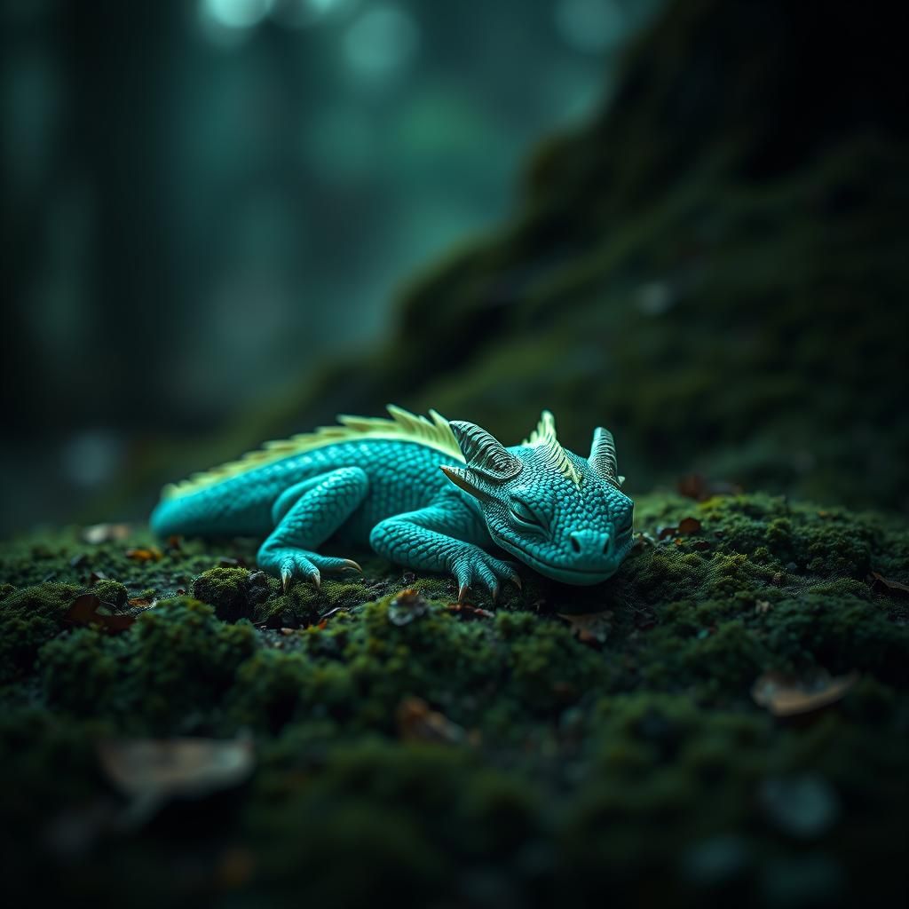Neon Teal Dragon in Mossy Forest: Hyperrealistic Art