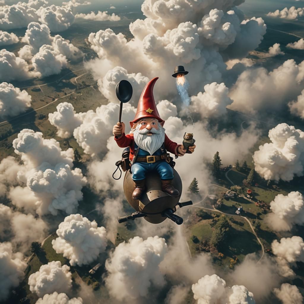 Gnome Rides Bomb in Cinematic Shot