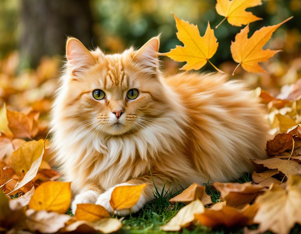Whimsical Ginger Cat Playing in Autumn Garden