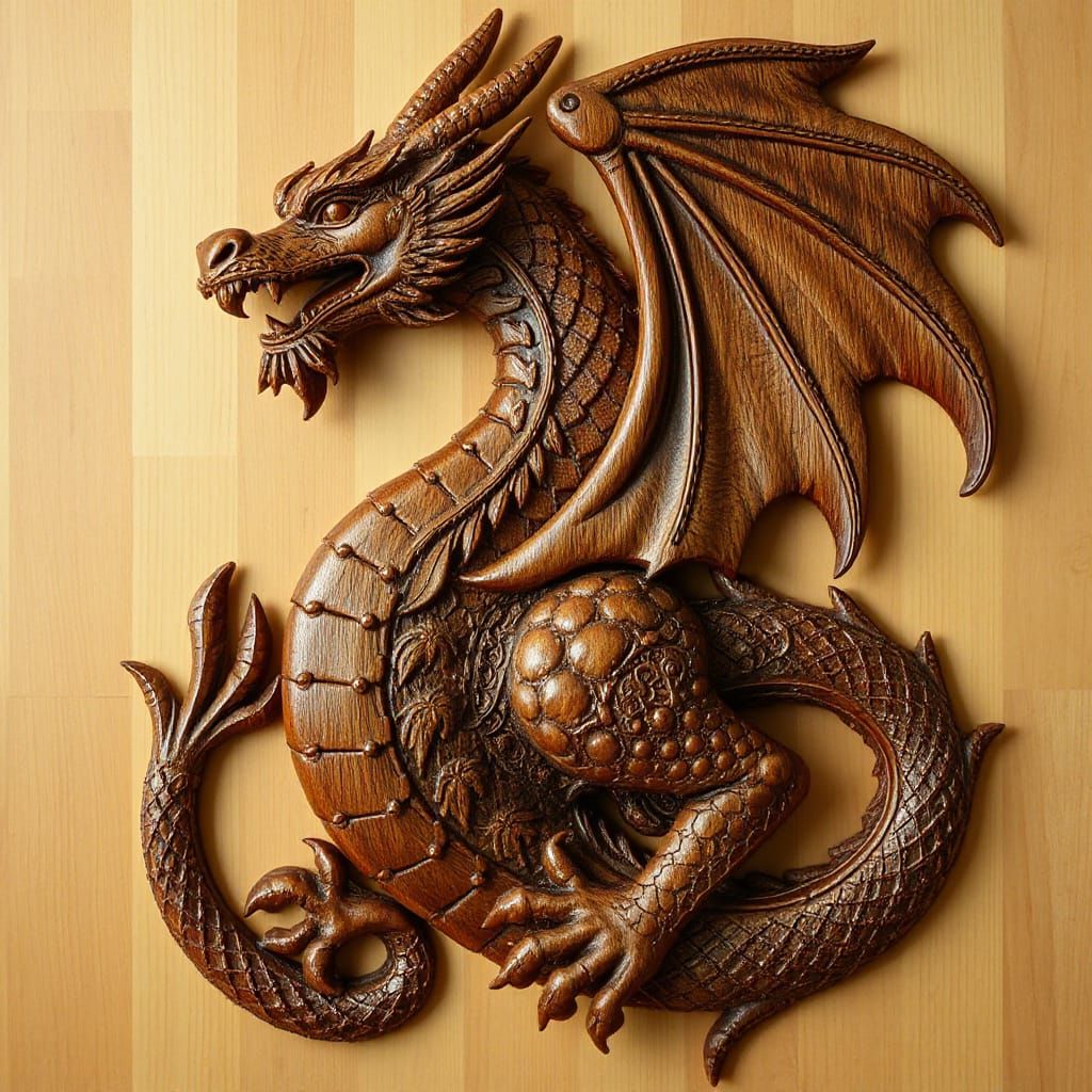 Ornate Wooden Dragon Carving in Fantasy Art Style