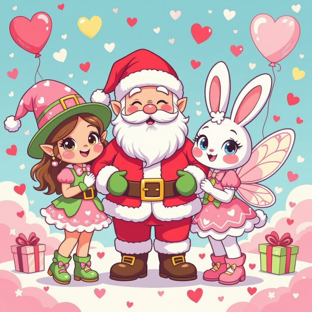 Whimsical Characters in Pink Attire with Hearts