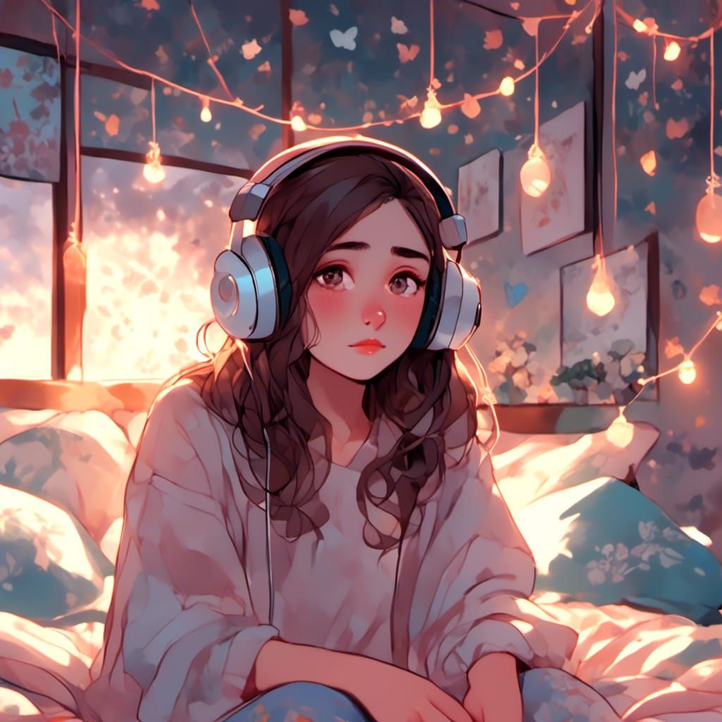 Sad Girl with Headphones in Animated Style
