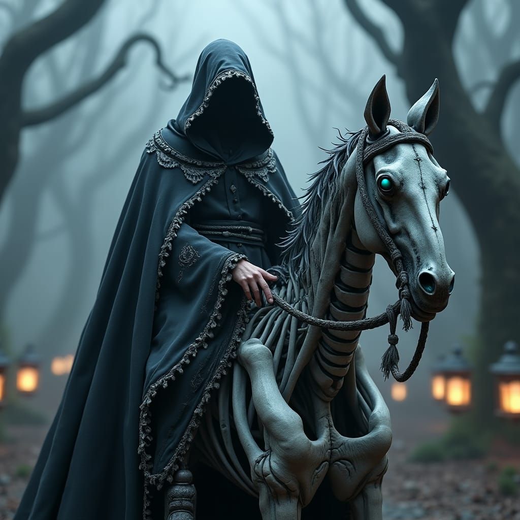 Grim Reaper on Skeletal Horse in Misty Forest