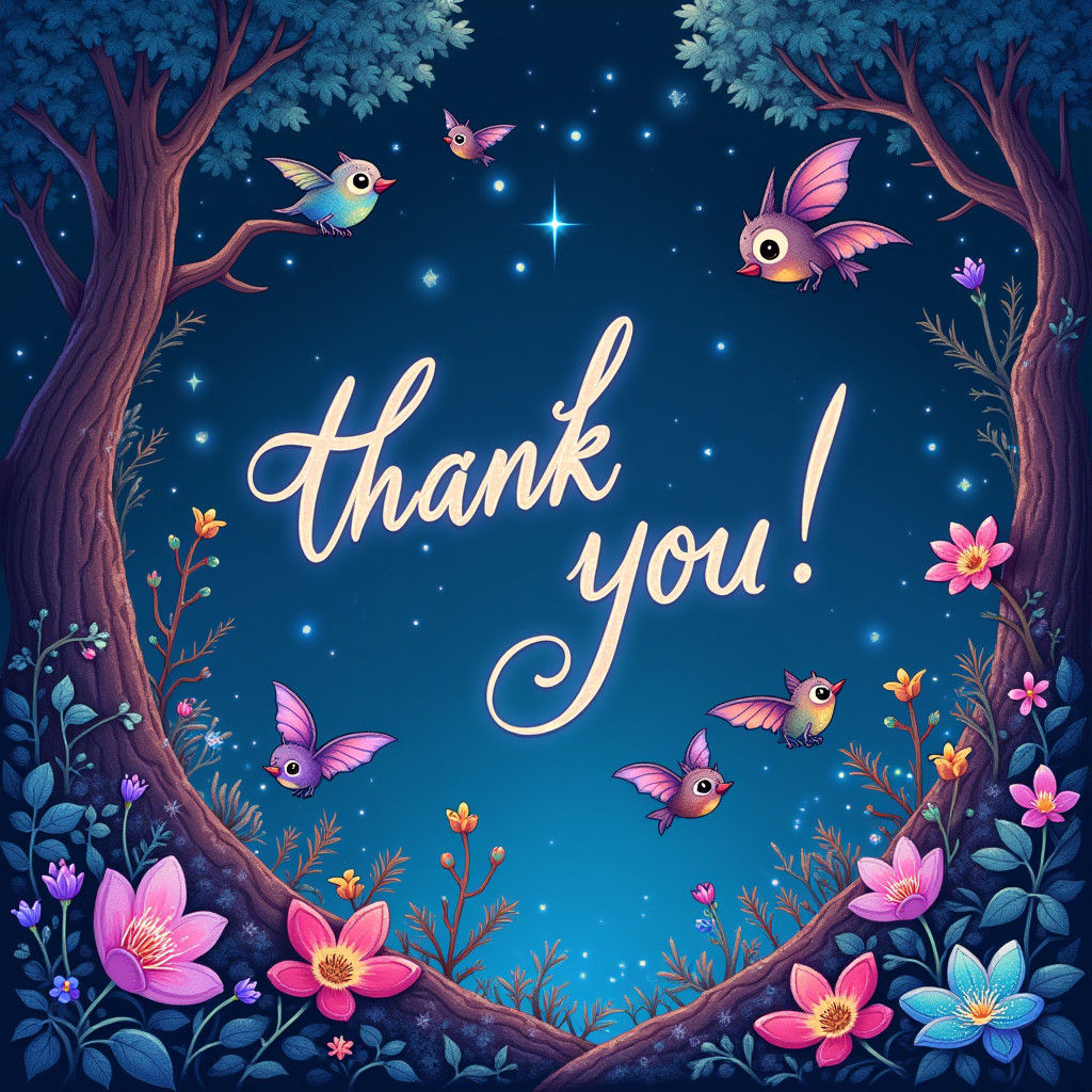 Bioluminescent Forest Thank You Typography with Chibi Bat