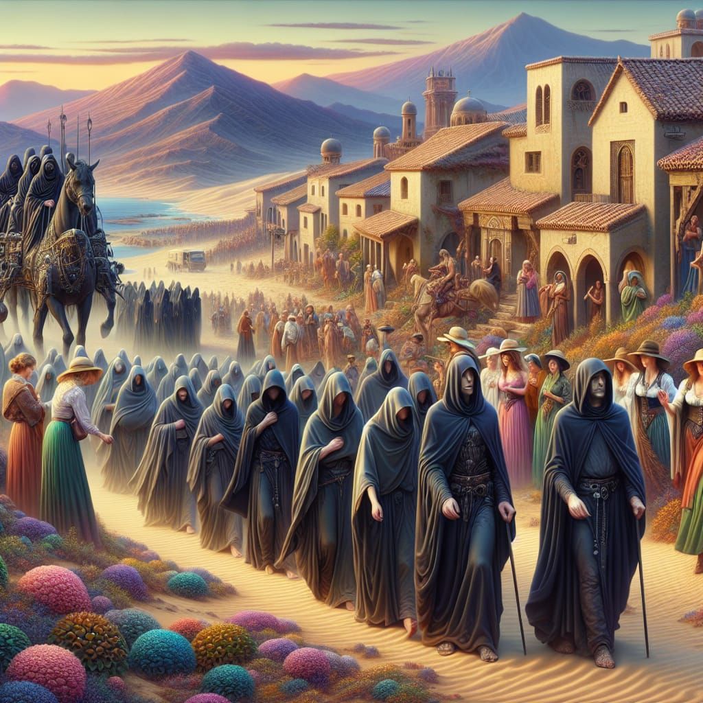 Women Farewell Weary Travelers in Fantasy Landscape