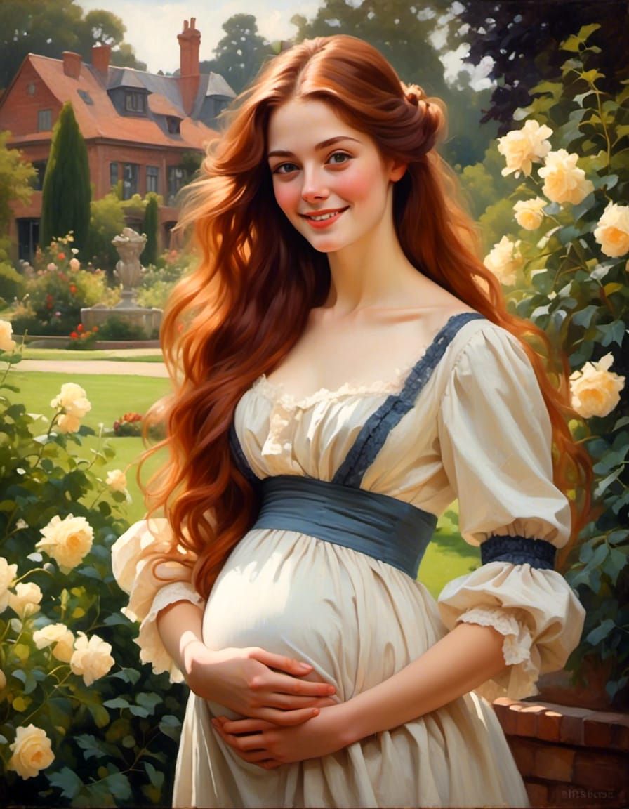 Victorian Pregnant Woman Portrait in Garden Setting