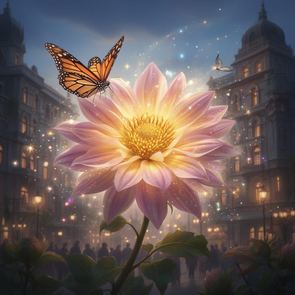 Enchanted Big Flower with Butterfly and Building