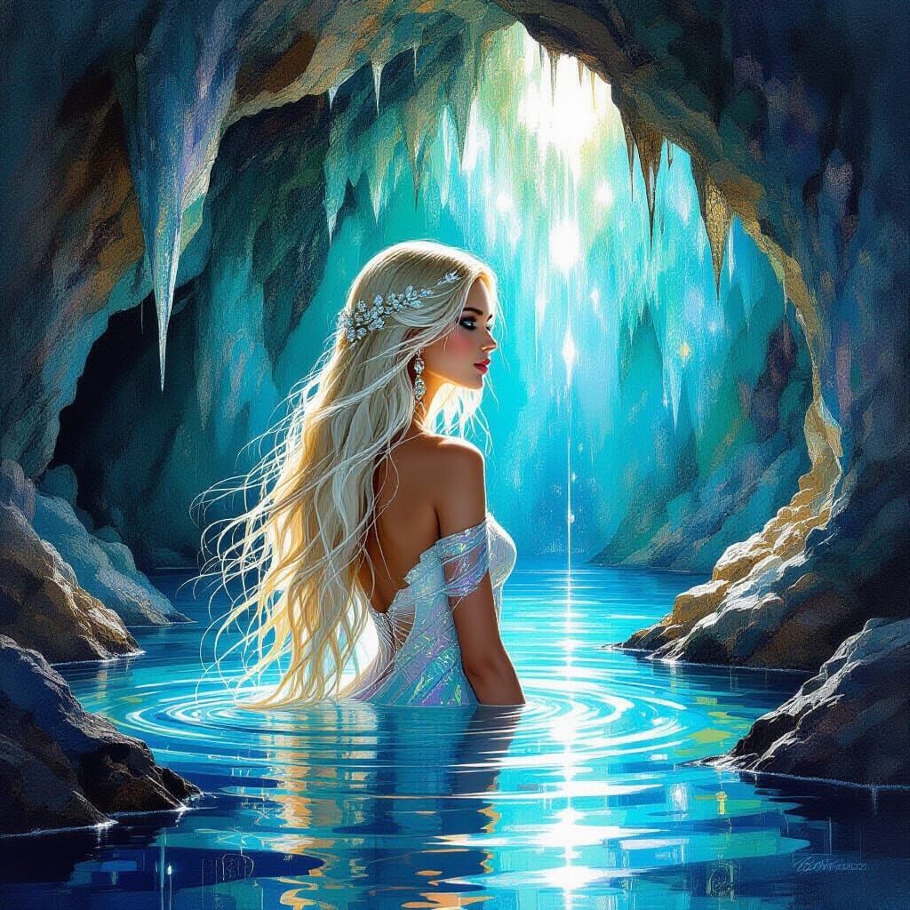 Goddess of Light Emerging from Crystal Cave, Impasto Paintin...