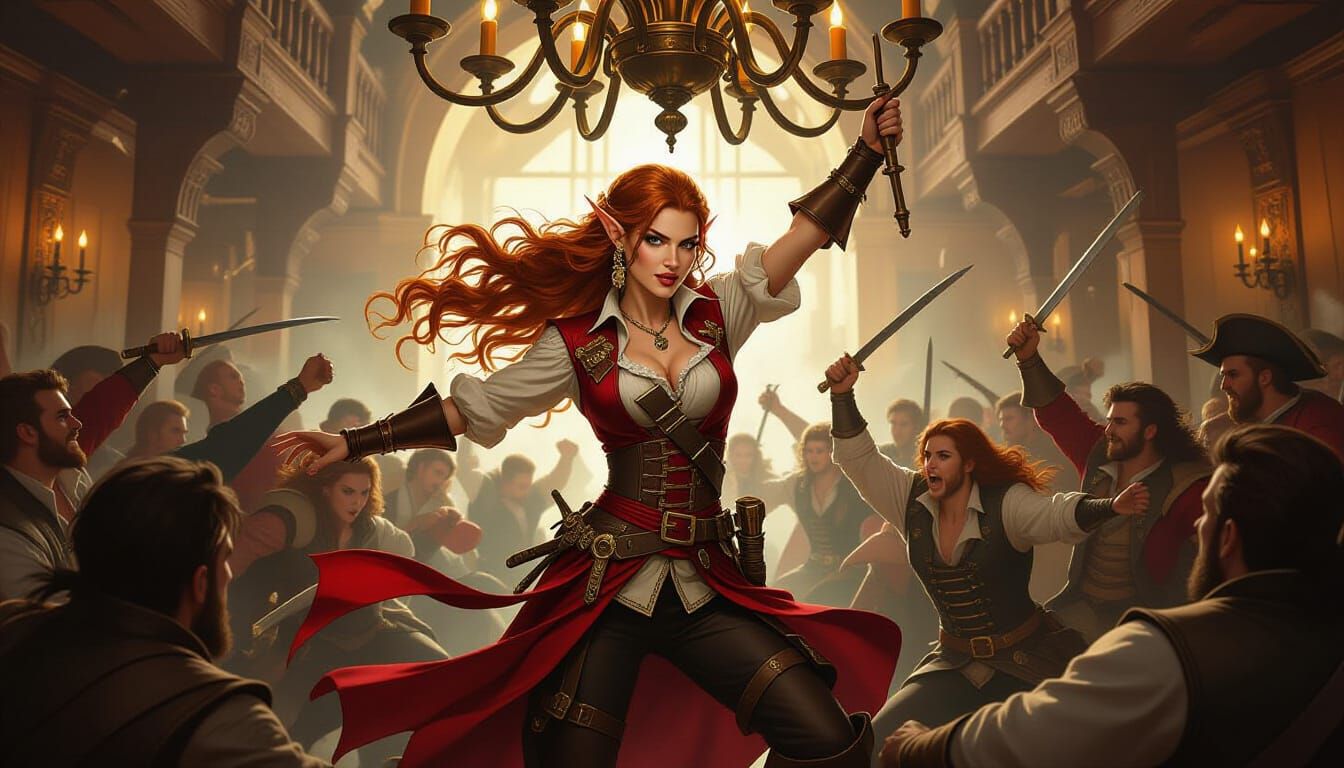 Pirate Elf Woman on Chandelier in Renaissance Style