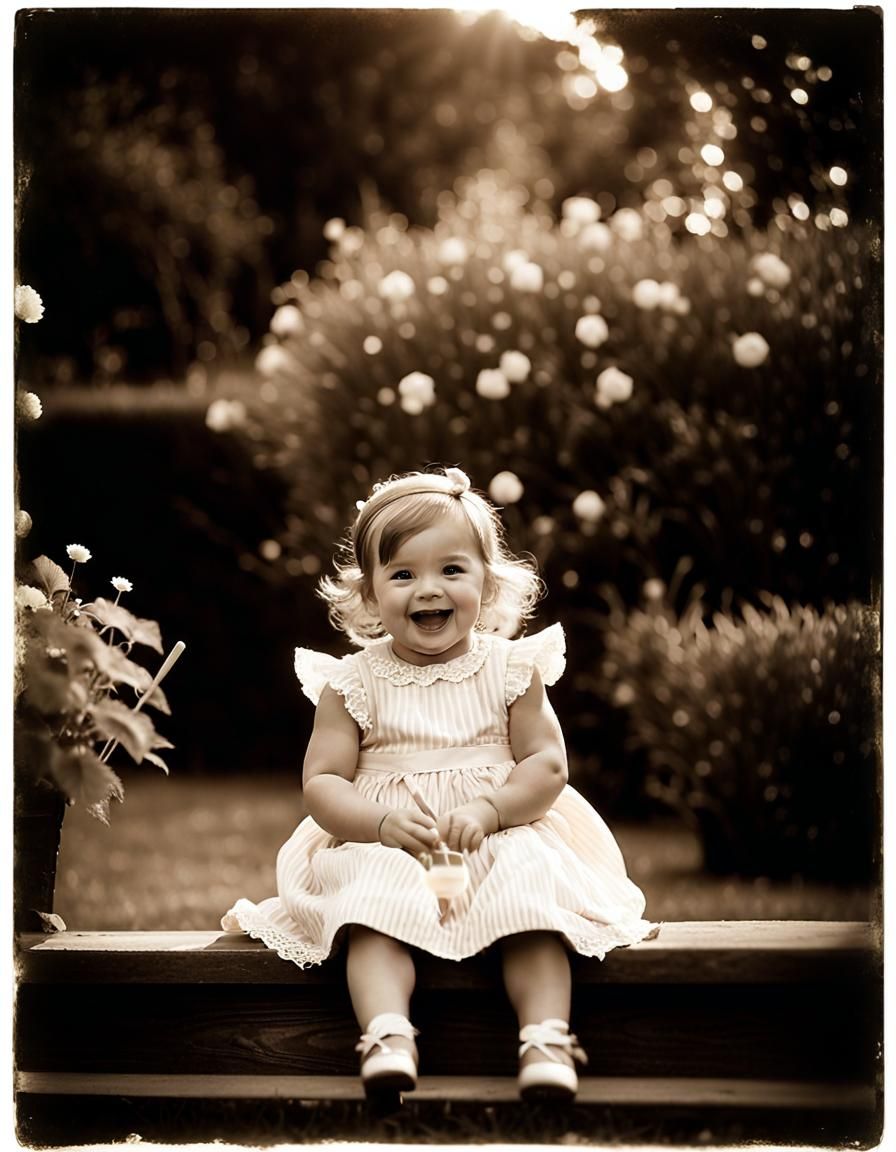 Vintage Portrait: Happy Girl with Popsicle, Sepia Tone