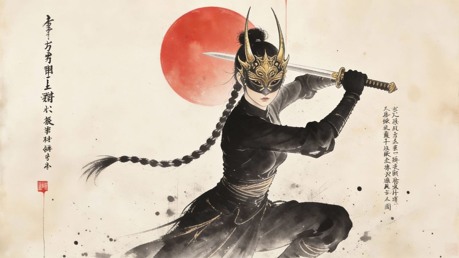 Asian Samurai Warrior with Golden Wings, Dark Oil Paint Styl...