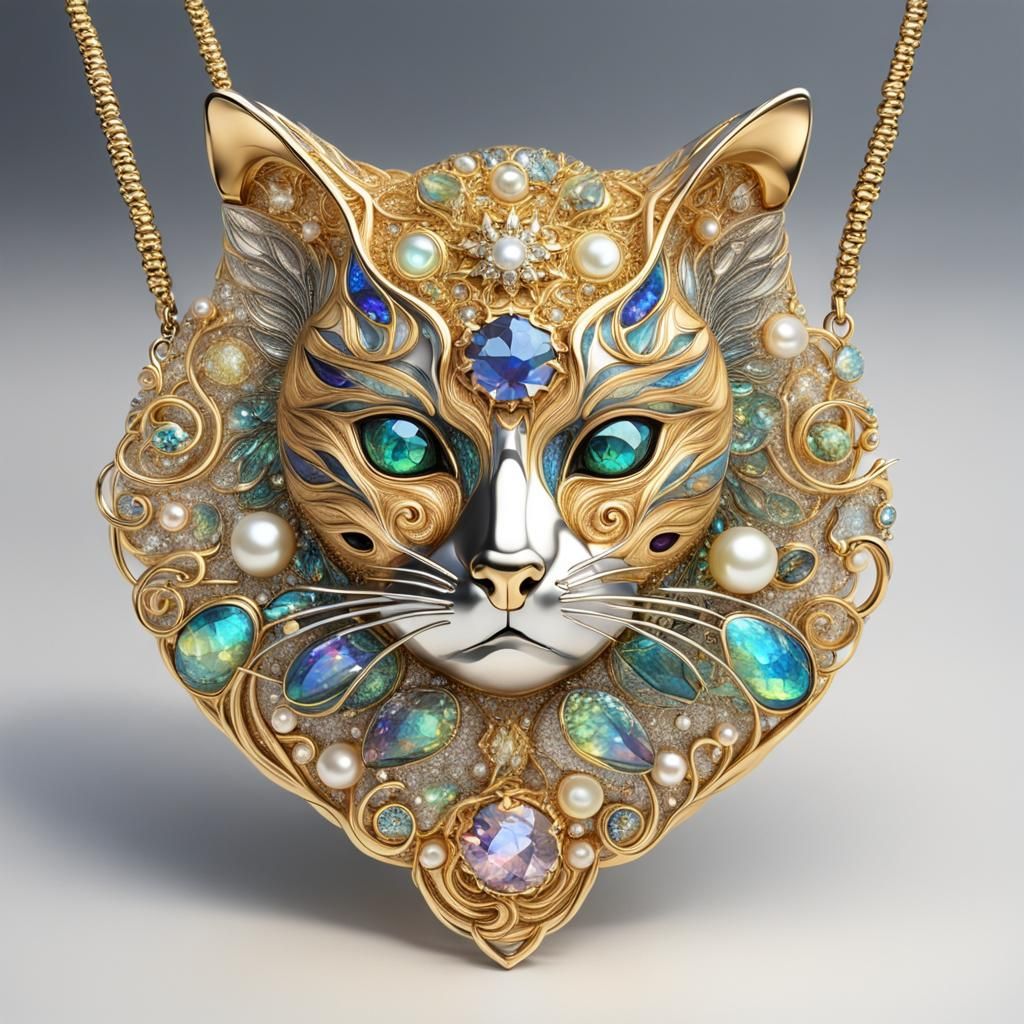 Gold Cat Necklace with Diamond and Pearl, Futuristic Style