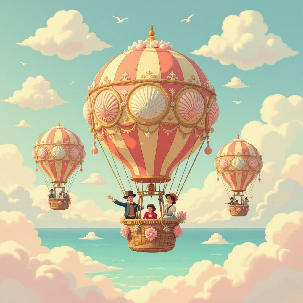 Victorian Explorers in Sandcastle Balloons, Ghibli-Inspired ...