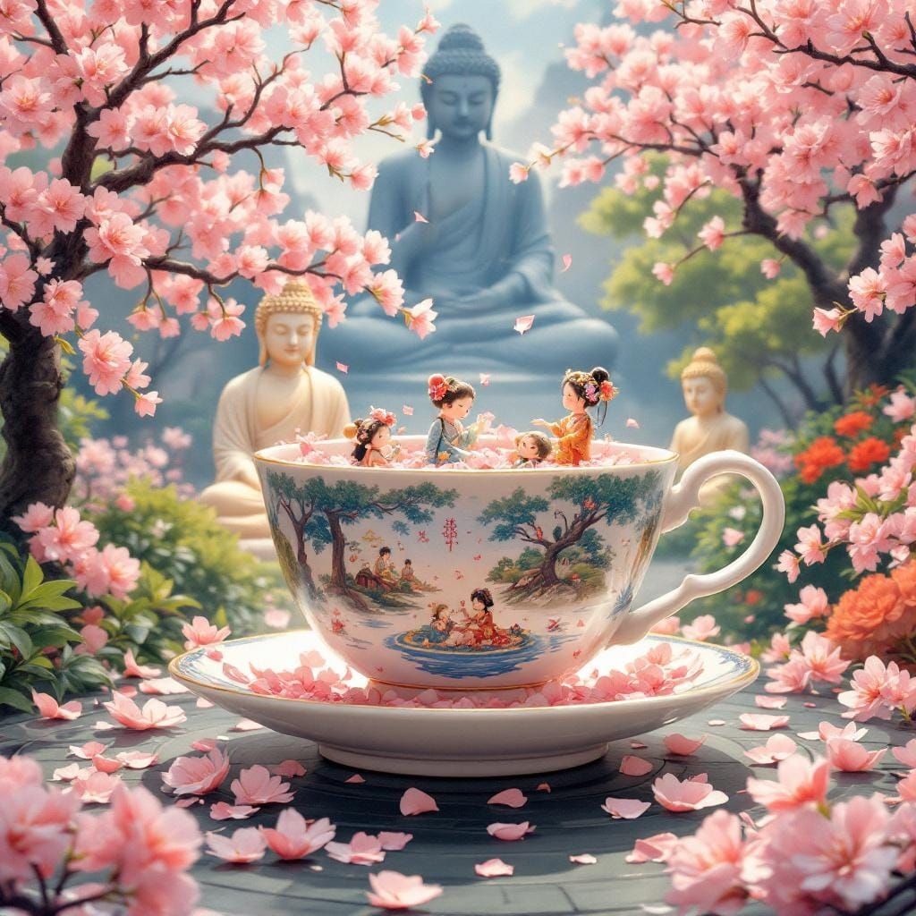 Miniature Dolls in Teacup Garden, Fantasy Art