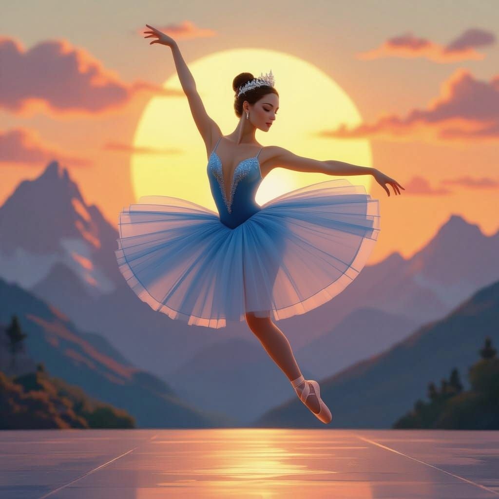 Ballerina in Grand Jeté Pose During Sunset