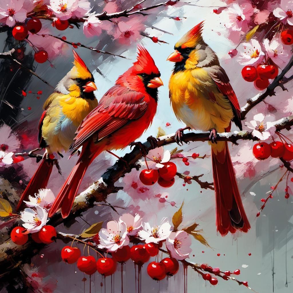 Cardinals in Cherry Tree: Matte Painting