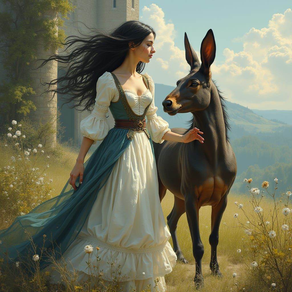 Ethereal Lady in Antique-Style Gown with Dragon and Ruins