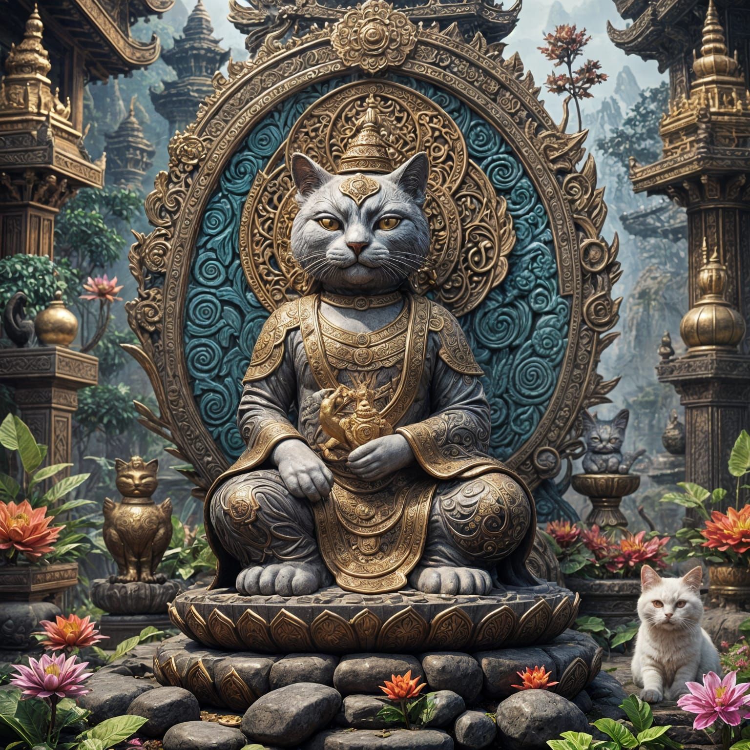 Detailed Cat Buddha Fantasy Concept Art