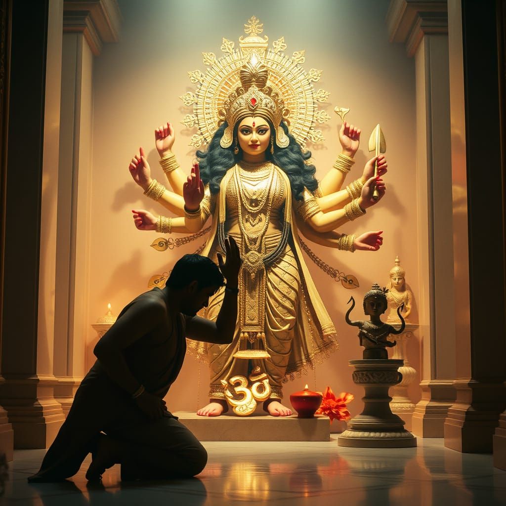 Golden Goddess Durga Blesses Devout Man in Temple