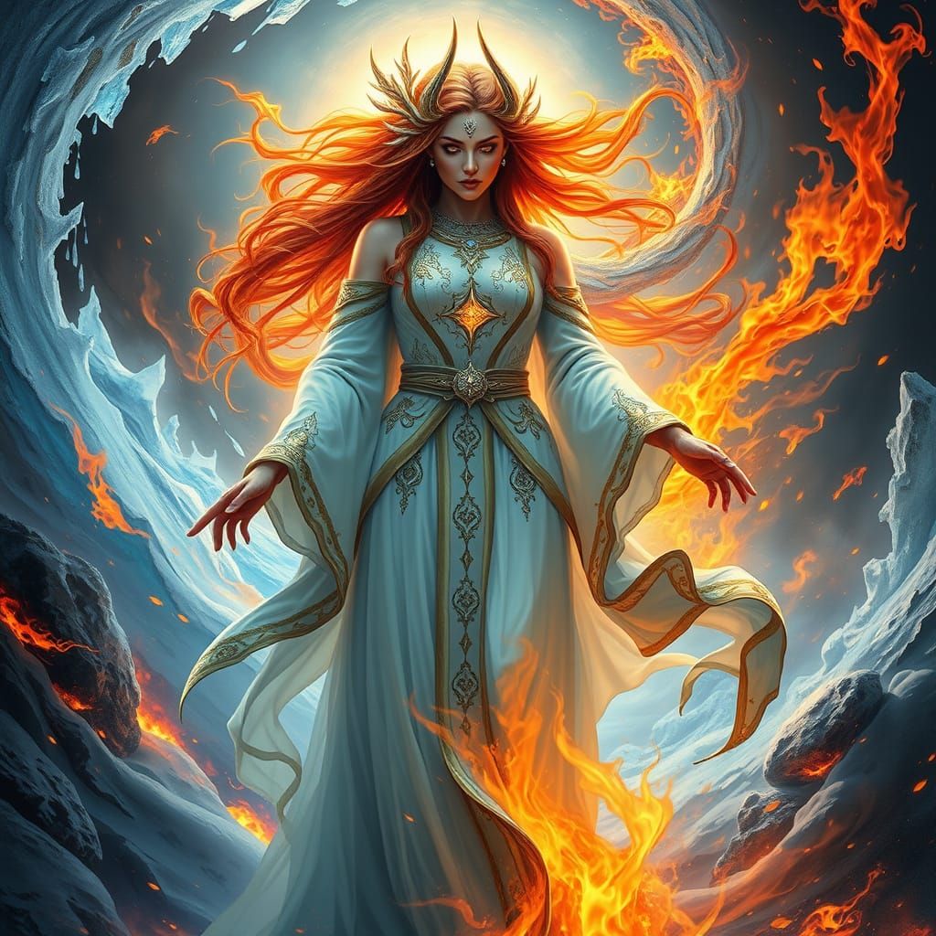 Goddess of Fire and Ice in a Fantastical Dreamlike Atmospher...