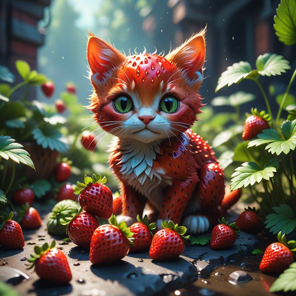 Vibrant Strawberry-Kitten Field in Fantastical Backyard Scen...