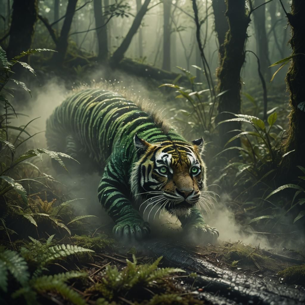 Caterpillar-Tiger Hybrid Emerges from Mist