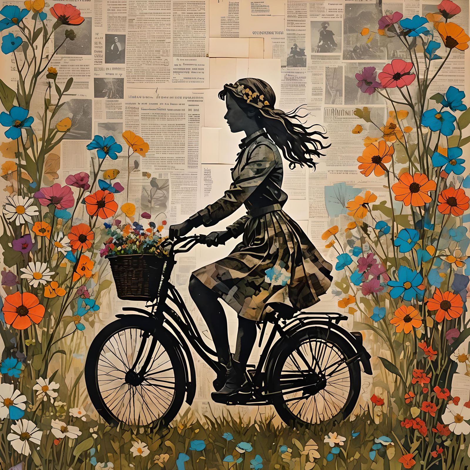 Double Exposure: Girl on Bike with Flower Field