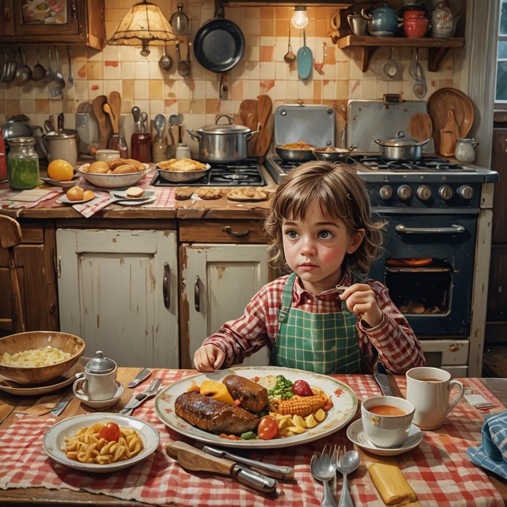 Hungry Child in Cozy Kitchen: Hyperrealistic Image
