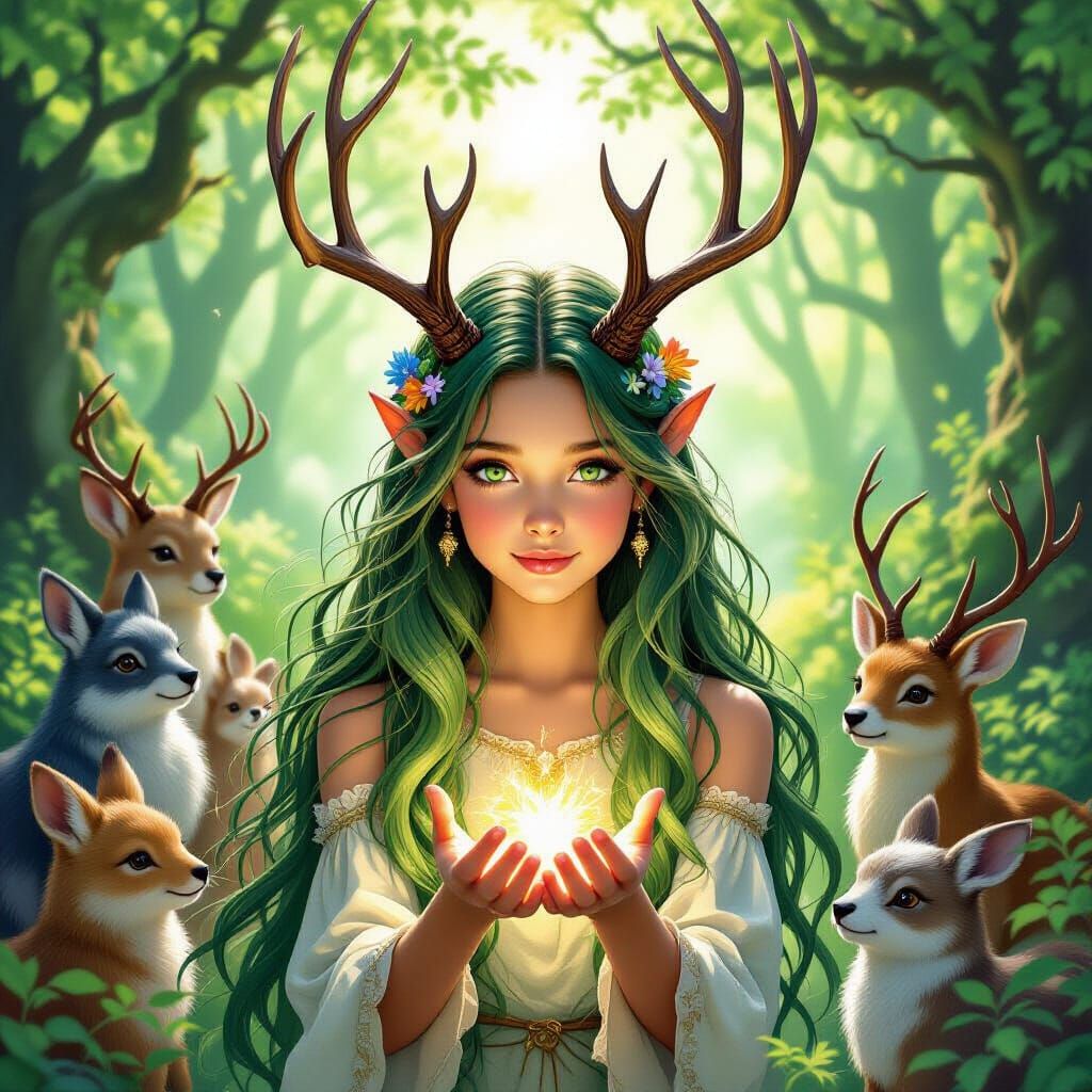 Enchanted Forest Girl with Magic Light and Antlers