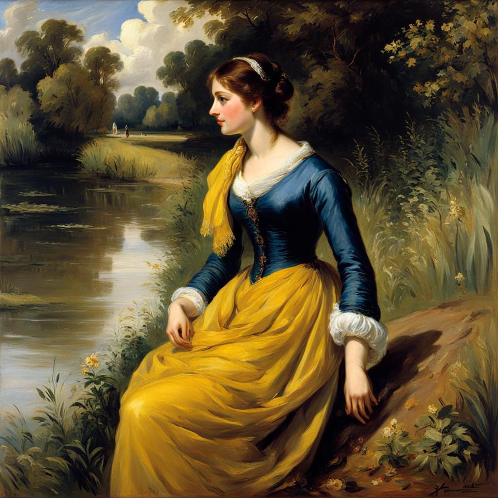 Woman at Riverbank in Landscape Painting Style